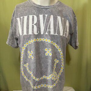 Nirvana Sun Flower Smiley Face Men's Gray T Shirt Size Large Kurt Cobain Dave Gr
